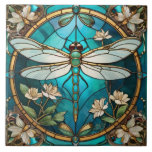Dragonfly Art Nouveau Deco Aqua Blue Stained Glass Ceramic Tile<br><div class="desc">art nouveau dragonflies bugs, art deco vintage antique, white and dark blue, stylish glamorous dragonfly insects, classy classic dragon flies, decorative circle wall decor, splashback ceramic tile tiles, circular nature turquoise teal, gold flower floral flowers,  "aqua stain stained glass"</div>