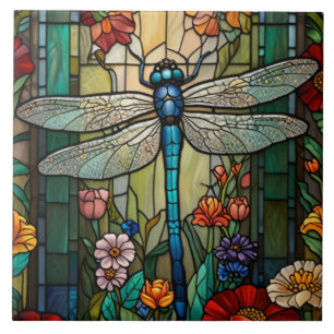 Dragonfly art painting botanical boho chic forest ceramic tile