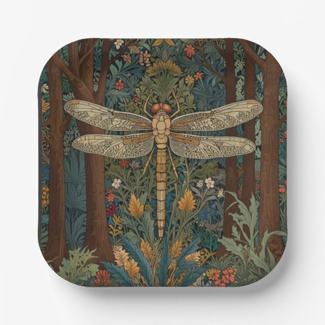 Dragonfly art painting botanical boho chic forest paper plates (Front)