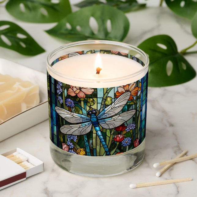Dragonfly art painting botanical boho stain glass scented candle (Lit)