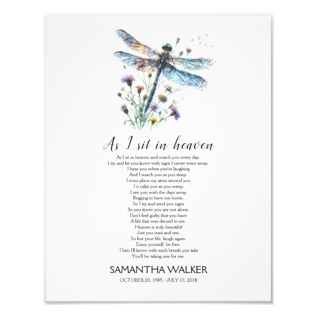 Dragonfly As I sit in Heaven Memorial Poem Sign (Front)