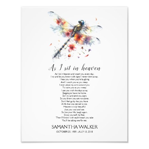 Dragonfly As I sit in Heaven Memorial Poem Sign