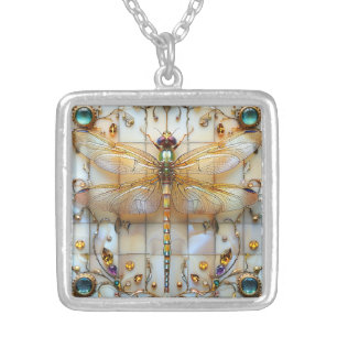 Dragonfly Beautiful Gems Precious Stones Silver Plated Necklace