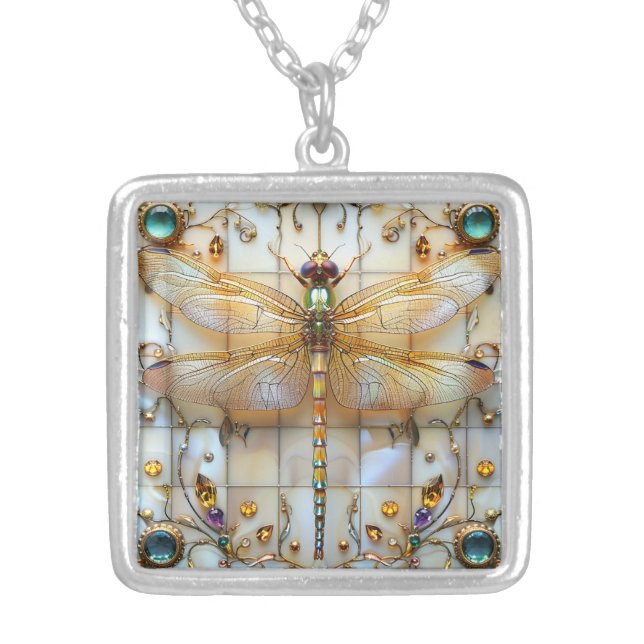 Dragonfly Beautiful Gems Precious Stones Silver Plated Necklace (Front)