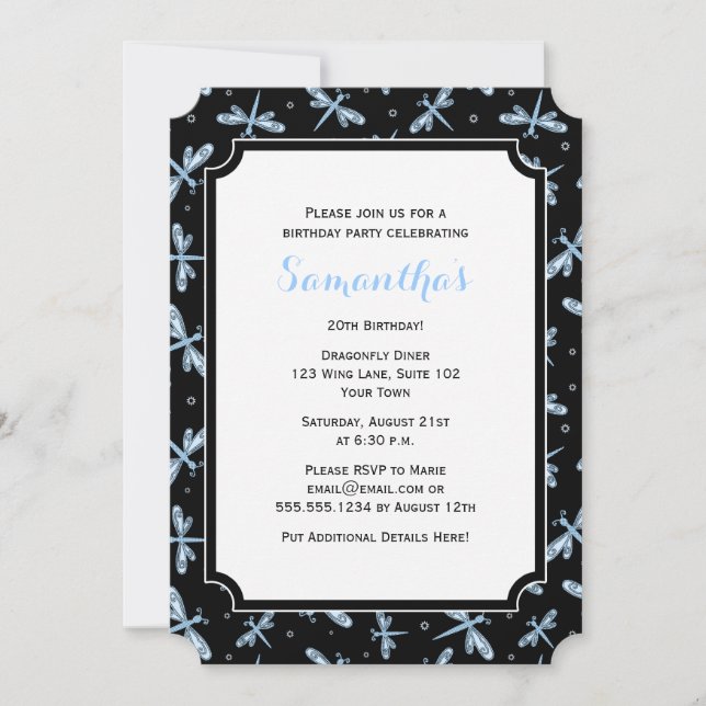 Dragonfly Black and Blue Birthday Party Invitation (Front)