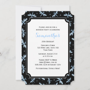 Dragonfly Black and Blue Birthday Party Invitation