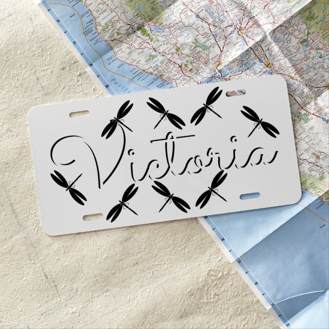 Dragonfly Black White Name License Plate (In Situ)