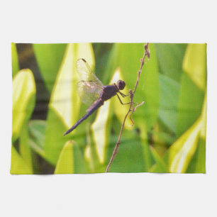 Dragonfly Blue and black on grass. Towel