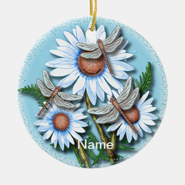 Dragonfly Blue Daisies  Ceramic Ornament (Front)