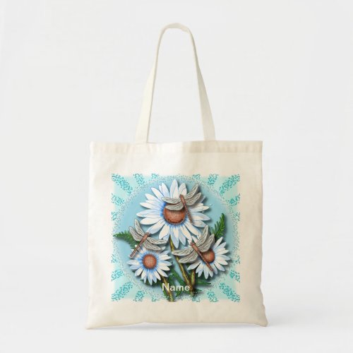 Dragonfly Blue Daisies flowers  Tote Bag