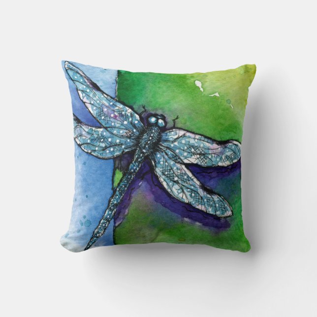 Dragonfly blue green watercolor art painting throw pillow (Front)