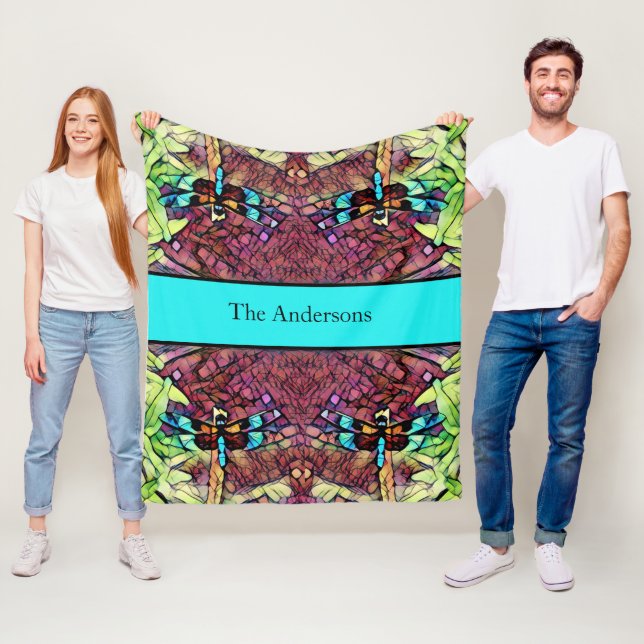 Dragonfly Blue Teal Aqua Black Family Name Fleece Blanket (In Situ)