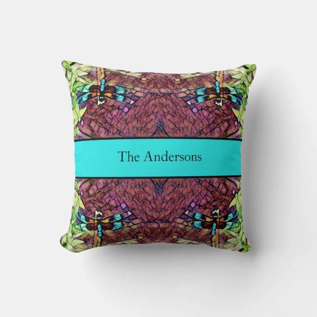 Dragonfly Blue Teal Aqua Black Family Name Throw Pillow (Front)