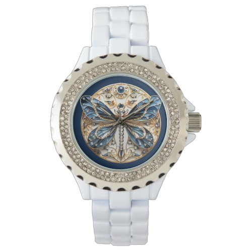 Dragonfly Blue White Black Gold  Diamond Sapphire  Watch
