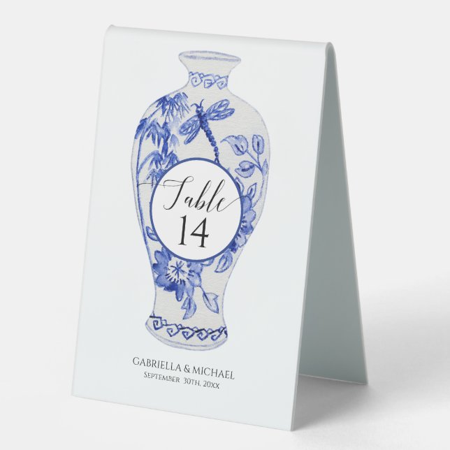 Dragonfly Blue White Floral Ginger Jar Wedding Table Tent (Front)