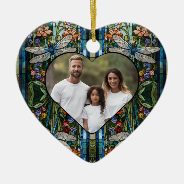 Dragonfly boho floral botanical stain glass  ceramic ornament (Front)