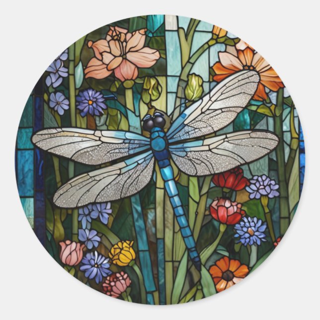 Dragonfly boho floral botanical stain glass classic round sticker (Front)