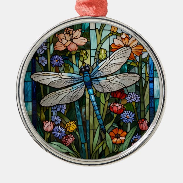 Dragonfly boho floral botanical stain glass metal ornament (Front)