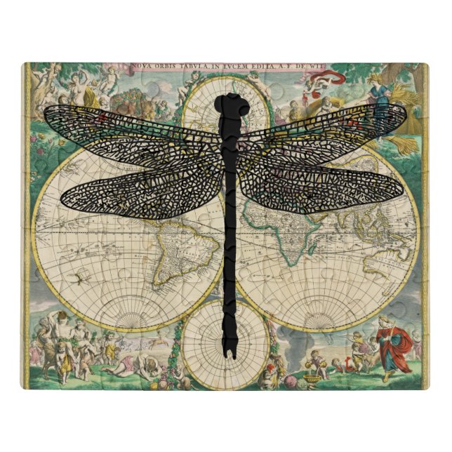 dragonfly Bug Insect Silhouette old map art  Jigsaw Puzzle (Puzzle Horizontal)
