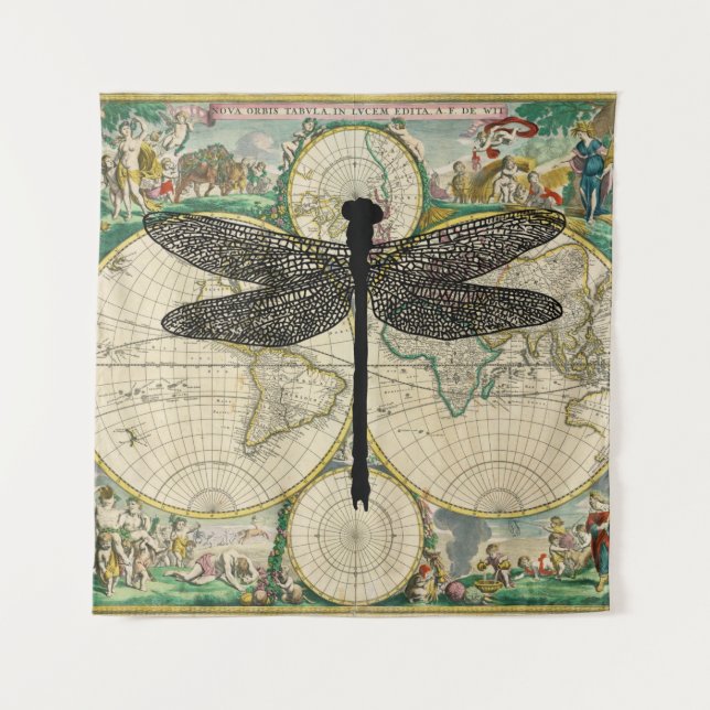 dragonfly Bug Insect Silhouette old map  Tapestry (Front)