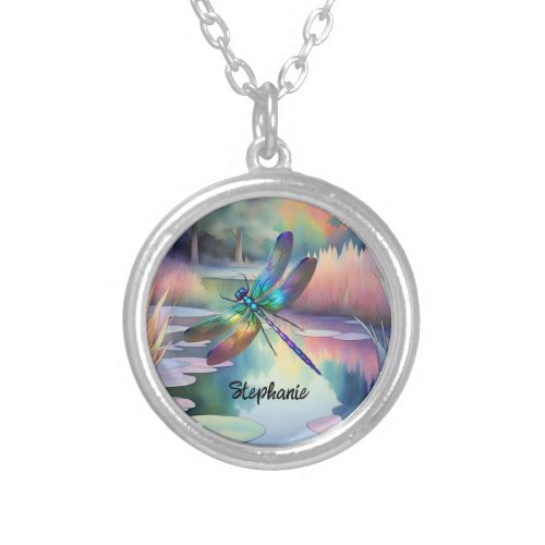 Dragonfly By The Pond  Silver Plated Necklace