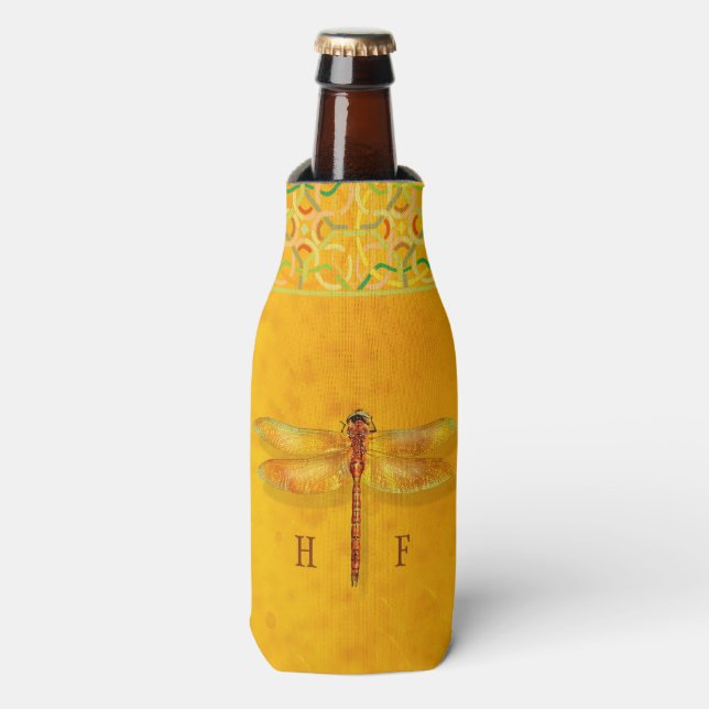 Dragonfly Caught in Amber Sap Celtic Knot Monogram Bottle Cooler (Bottle Front)