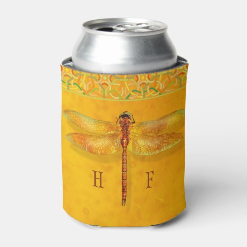 Dragonfly Caught in Amber Sap Celtic Knot Monogram Can Cooler