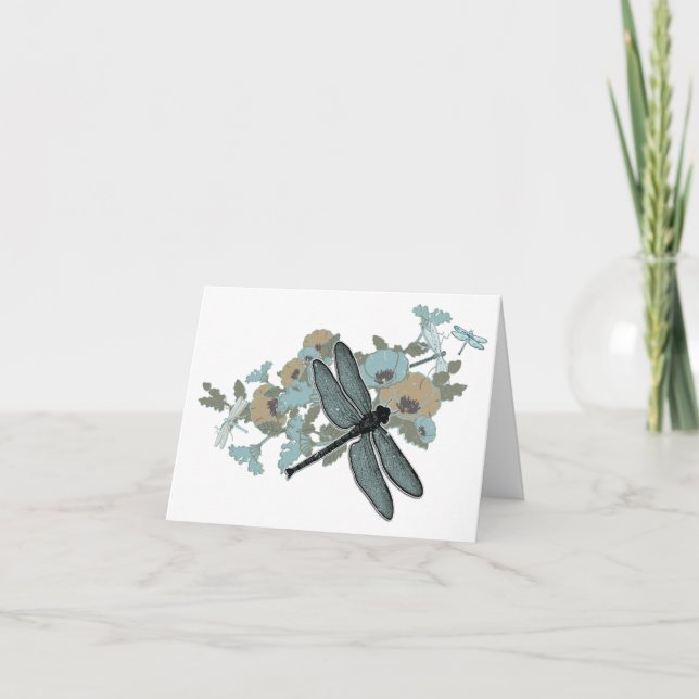 Dragonfly Chic Stylish Flowers Blues Gray Gold Thank You Card (Front)