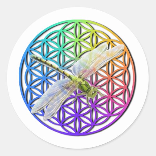 Dragonfly  colorful flower of life  chakra   classic round sticker