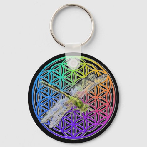 Dragonfly  colorful flower of life  chakra     k keychain
