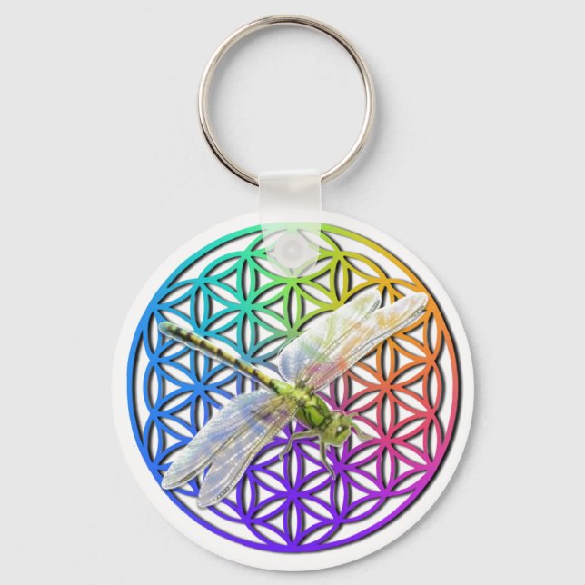 Dragonfly | colorful flower of life | chakra     keychain (Front)