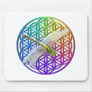 Dragonfly   colorful flower of life   chakra zen mouse pad