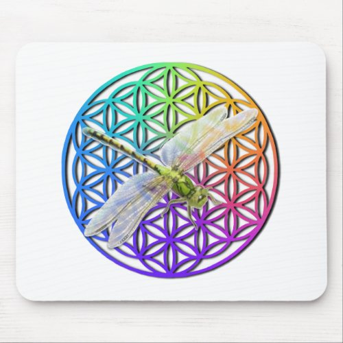 Dragonfly  colorful flower of life  chakra zen mouse pad
