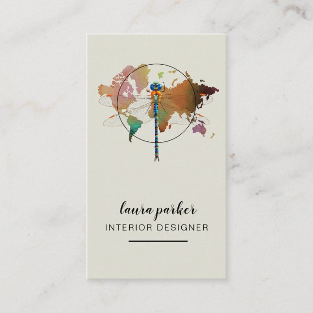 Dragonfly Creative Designer Nature World Map Business Card (Front)