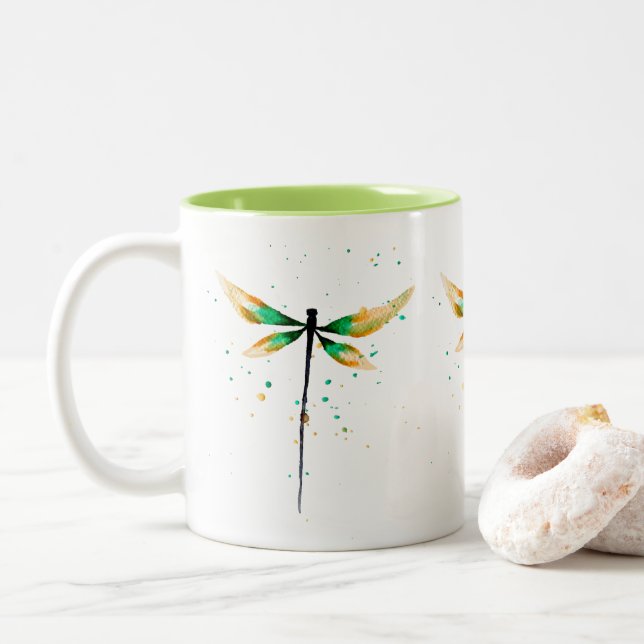 Dragonfly cute watercolor illustration Two-Tone coffee mug (With Donut)
