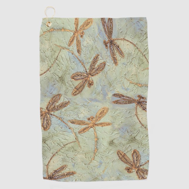 Dragonfly Dance Gold Golf Towel (Front)