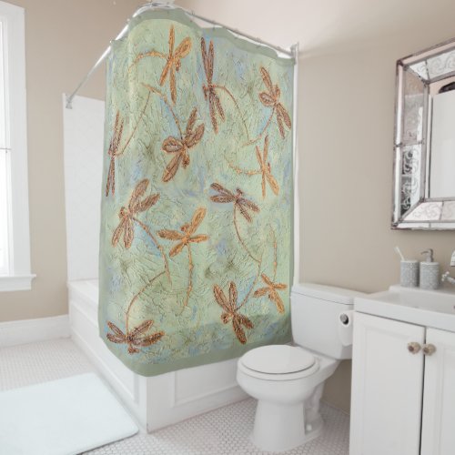 Dragonfly Dance Gold Shower Curtain