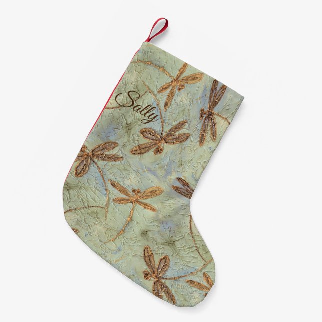 Dragonfly Dance Gold Small Christmas Stocking (Front (Hanging))