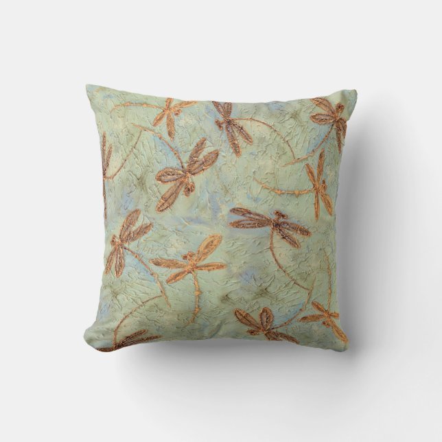 Dragonfly Dance Gold Throw Pillow (Front)