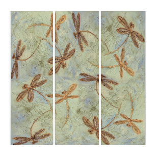 Dragonfly Dance Gold Triptych Art Work
