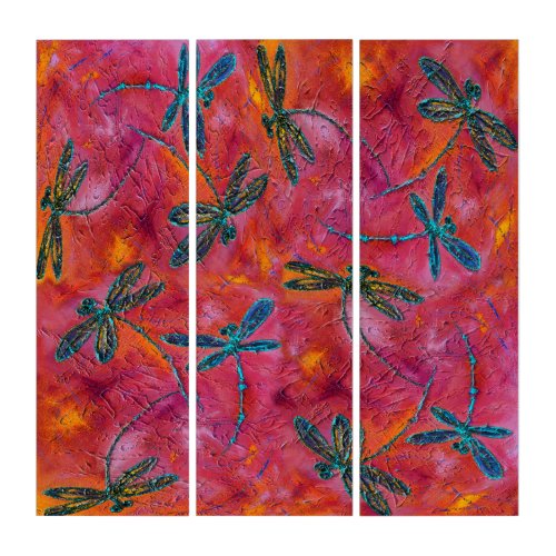 Dragonfly Dance Hot Fuchsia Pink Triptych Artwork