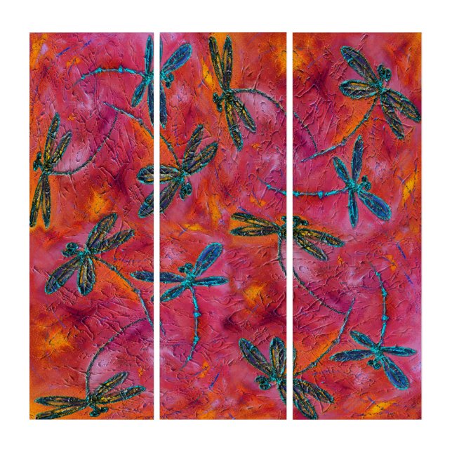 Dragonfly Dance Hot Fuchsia Pink Triptych Artwork (Front)