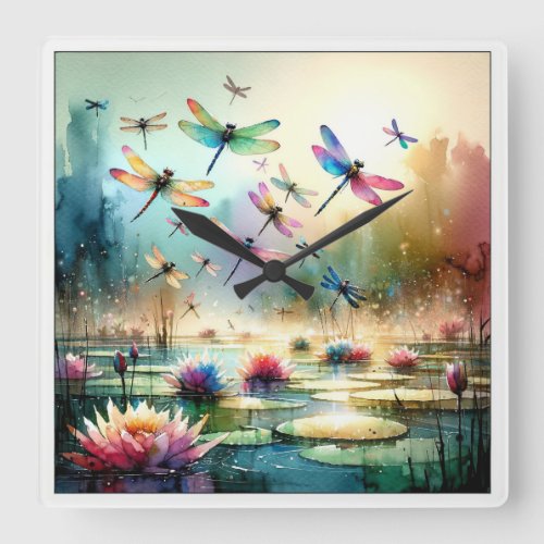 Dragonfly Dance _ Watercolor Square Wall Clock