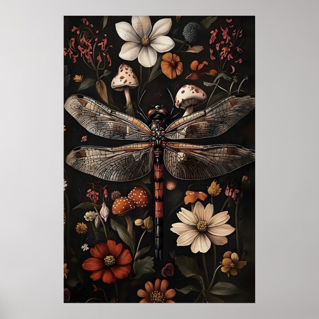Dragonfly Dark Academia Print, Moody Floral Garden Poster (Front)