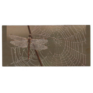 Dragonfly Dew Spiderweb Nature Wilderness Art Wood Flash Drive