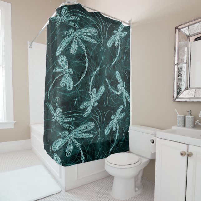 Dragonfly Disco Midnight Blue Shower Curtain (In Situ)