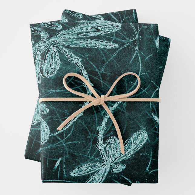 Dragonfly Disco Midnight Blue Wrapping Paper Sheets (In situ)