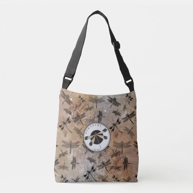 Dragonfly Distressed Entomology Monogram  Crossbody Bag (Front)