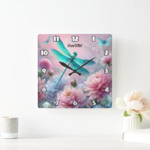 Dragonfly Dreams: Floral, Ethereal, Pastel Square Wall Clock