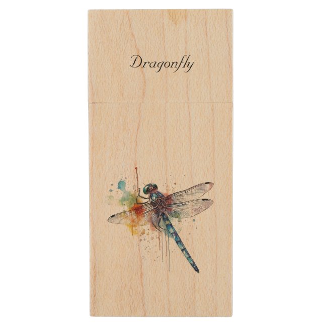 Dragonfly Dreamscape, custom Wood Flash Drive (Front Vertical)